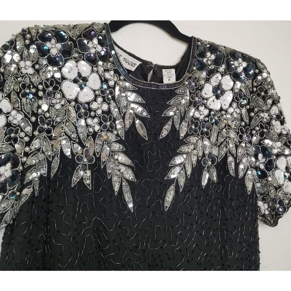 Holiday Party-Night Vogue Formal Black Silk Beaded Sequin Dress Knee Length Sz M - Picture 3 of 13